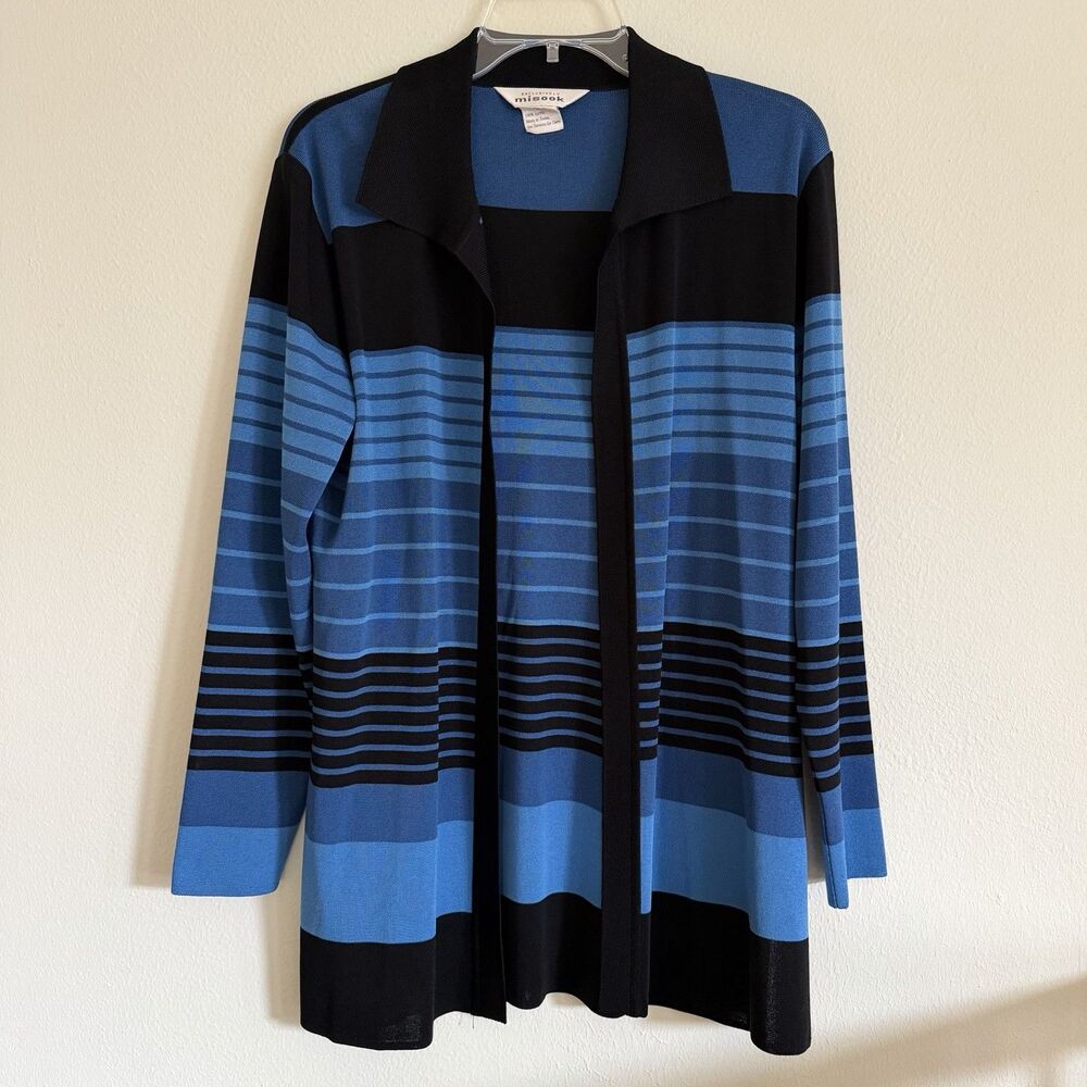Misook Open Front Long Cardigan Side Slits Navy Blue M Coastal Classic Travel